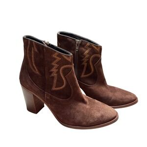 Kanna Adele Brown‎ Suede Embroidered Block Heel Cowboy Ankle Boots Women's Sz 39